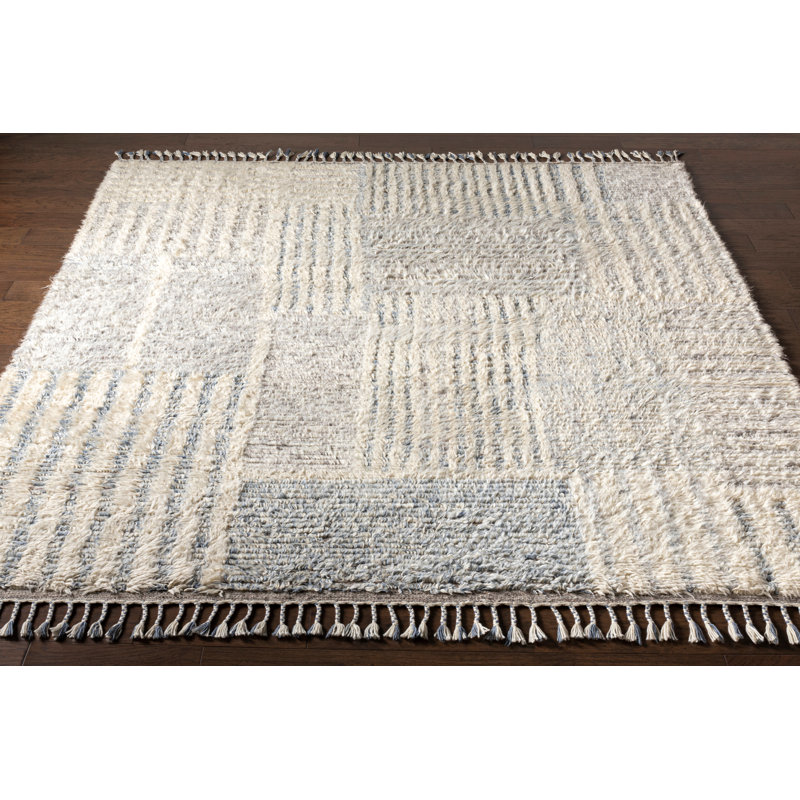 Tapis crème / gris / denim en laine noué à la main Kenady, Rectangle 2 pi x 3 pi