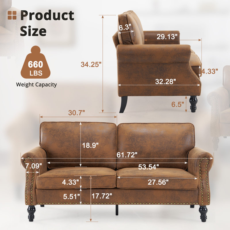 67.72'' W Classical Vintage Leather Loveseat 2-Seater Sofa with Copper Studs, Brown Microfiber/Microsuede