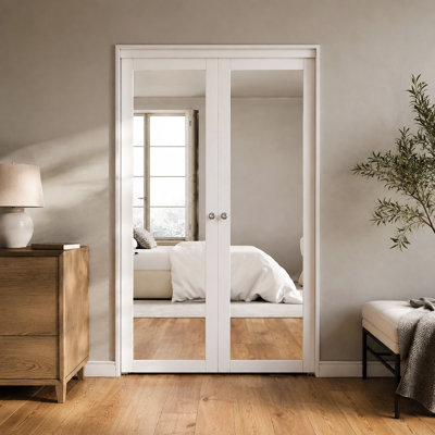 Pivot-French Or Bi-Fold 24" x 80" 1-Lite Mirrored Door Solid Manufactured Wood With Installation Hardware Kit, White (Closet-Pantry)