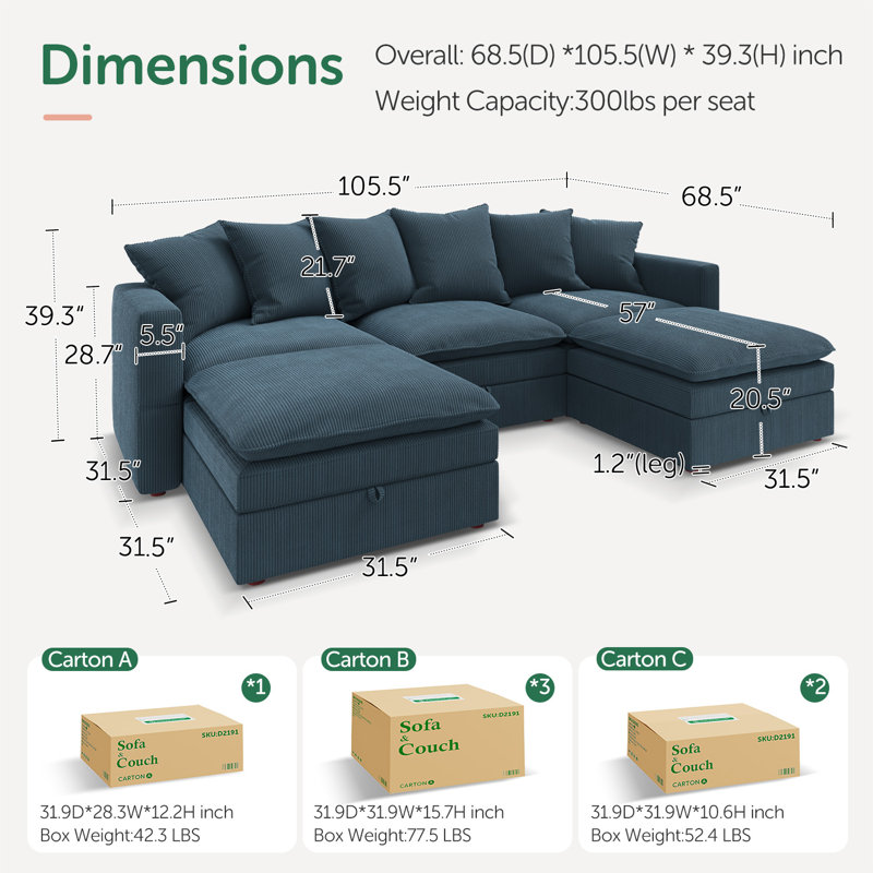 Canapé modulaire en U avec rangement Wynter, Velours côtelé bleu