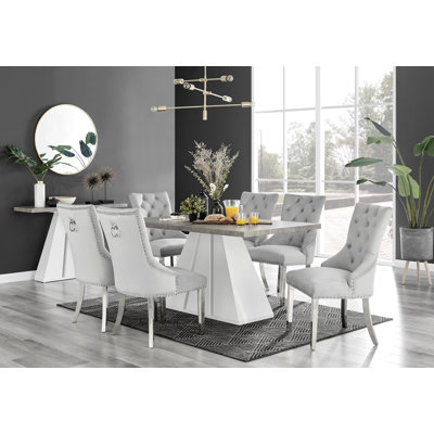 Athena Modern Marble Effect & High Gloss Dining Table Set with 6 Luxury Button Velvet Dining Chairs