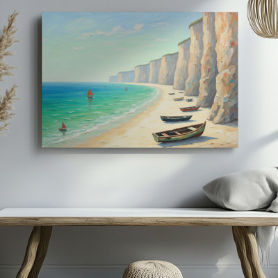 Reproduction d'art mural sur toile, bord de mer, paysage côtier, falaises et bateaux, vue sur l'océan
