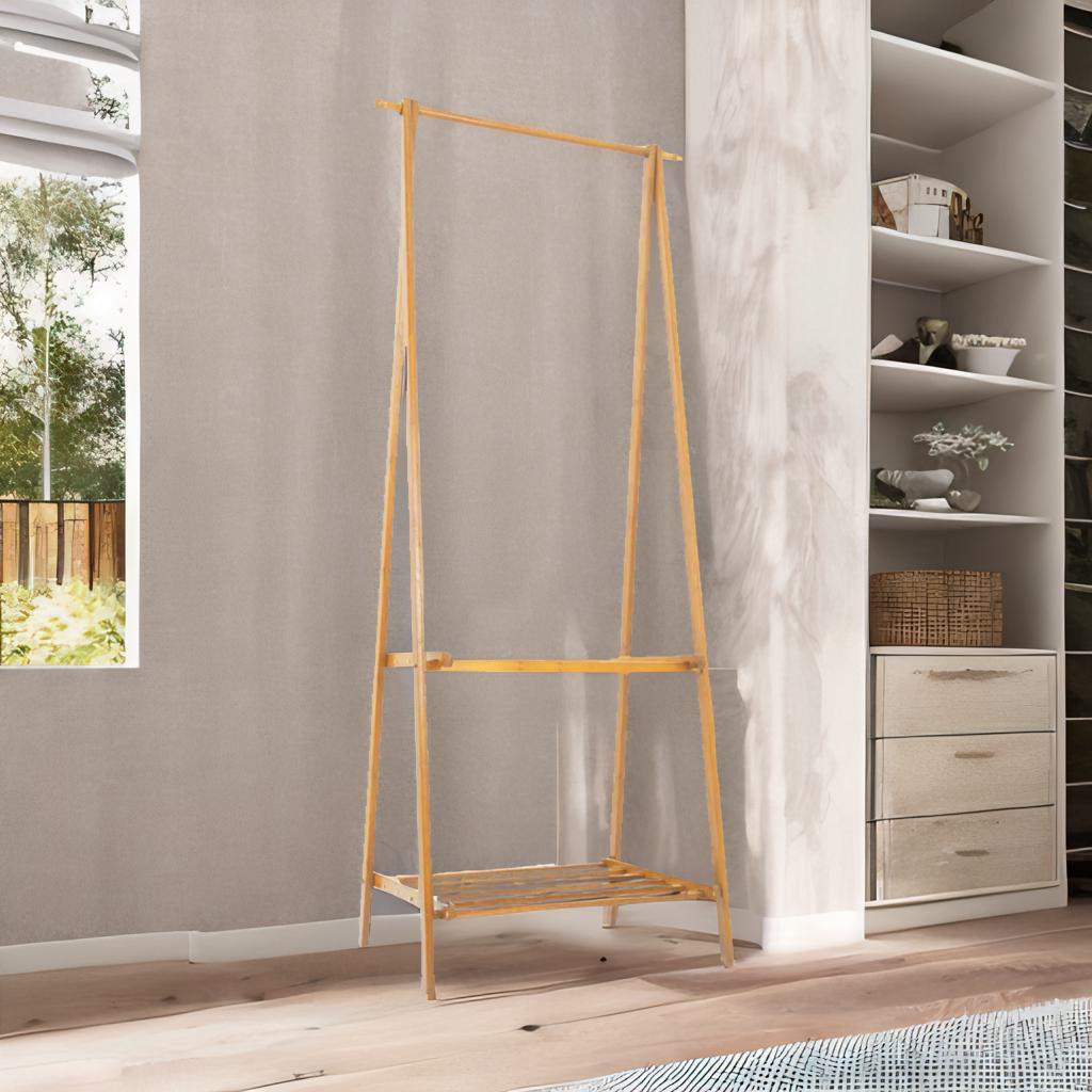 Anamar Bamboo Natural Brown Open Clothes Rack With Shelf
