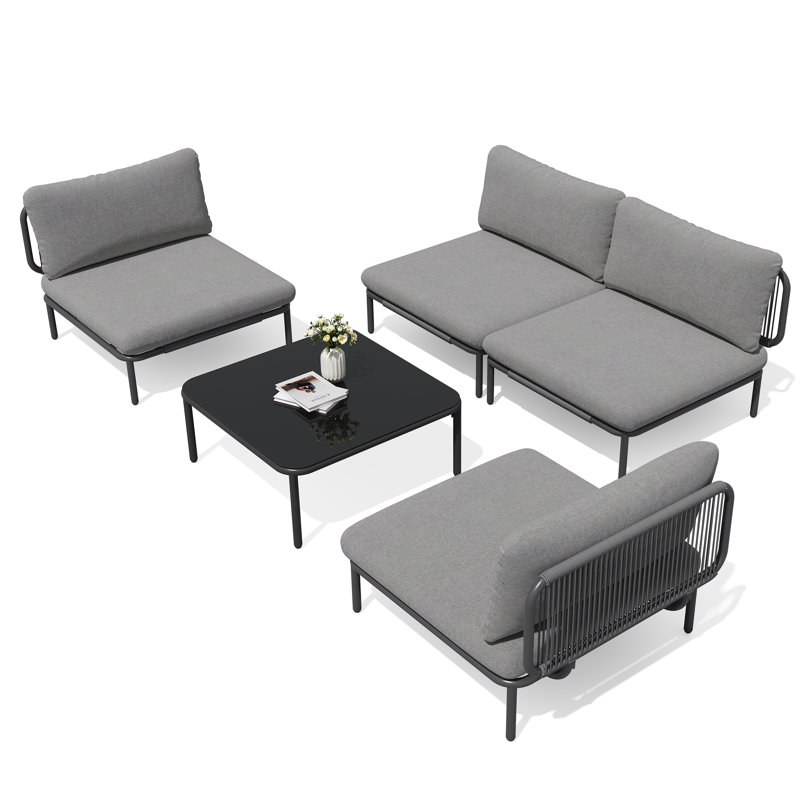 4 - Person Patio Metal Outdoor Modular Sectional Sofa with Table, Gray Cushion/Black Frame