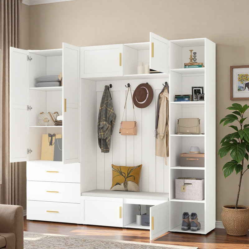 4-in-1 Hall Tree With Padded Bench, 4 Hooks, 3 Drawers And Adjustable Storage Shelves, Ancient White