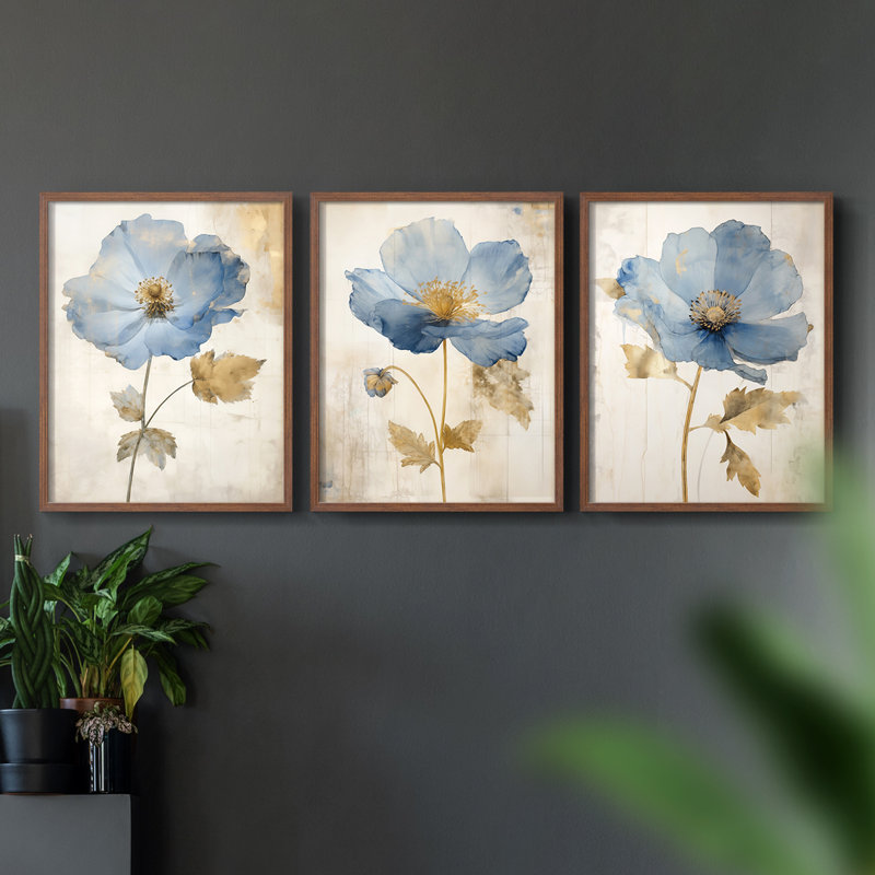 Étude florale, série XVIII, ensemble de 3 estampes numériques, prêt à accrocher, Cadre noyer, H 20 po x l 16 po