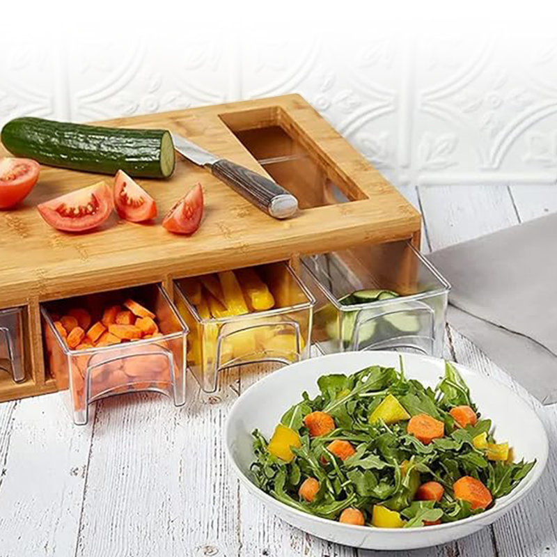 Bamboo Cutting Board with Clear Plastic Storage Trays