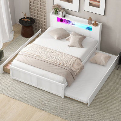 Lit plateforme avec rangement en bois avec DEL, 2 tiroirs et 1 lit gigogne