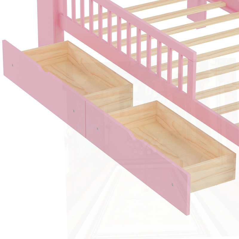 Lit simple avec rangement pour tête de lit, 2 tiroirs sous le lit et 3 garde-corps latéraux pour plus de sécurité, rose, Rose