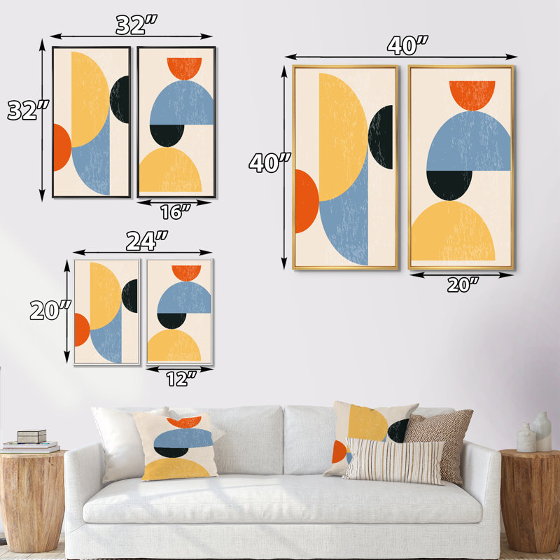 Minimal 20S Bauhaus Geometric III - ensemble de 2 peintures, H 20 po x l 24 po x P 1 po, Cadre noir