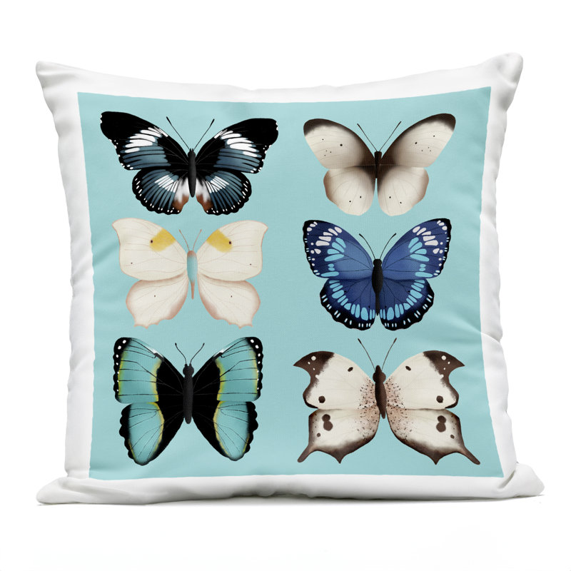 Coussin d'extérieur imprimé six papillons sur fond turquoise, par Metka Hiti, 18 x 7 x 18