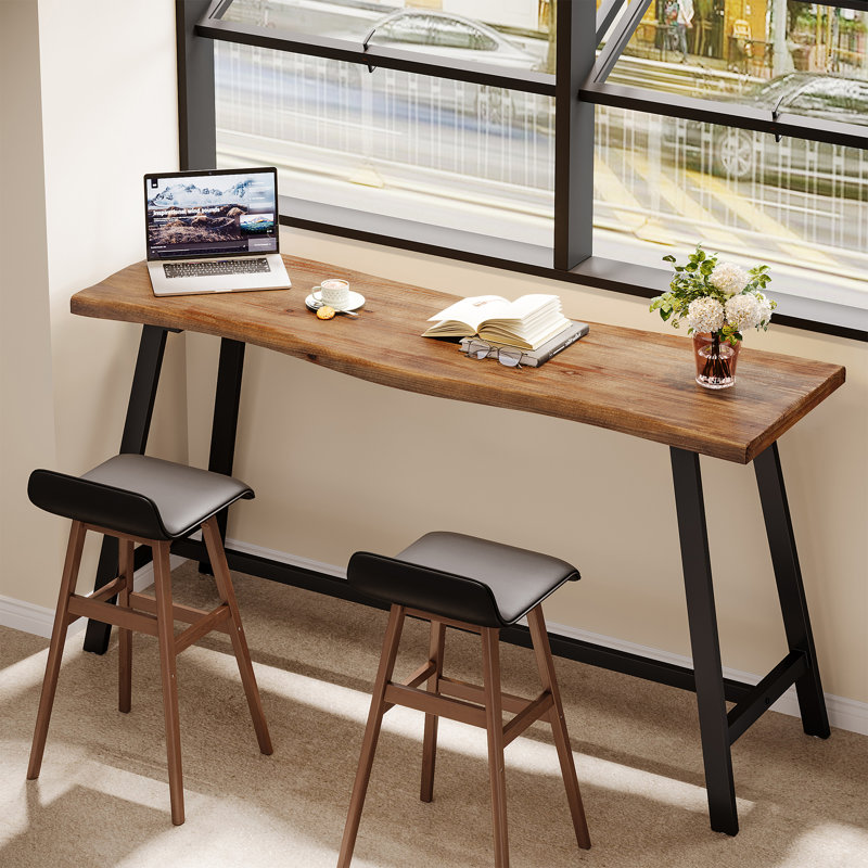 Solid Wood Bar Table, 55.1-inch Counter Height Pub Table With Sturdy Metal Frame, Industrial Narrow Dining Counter Bar Units For Pub/kitchen/living Room