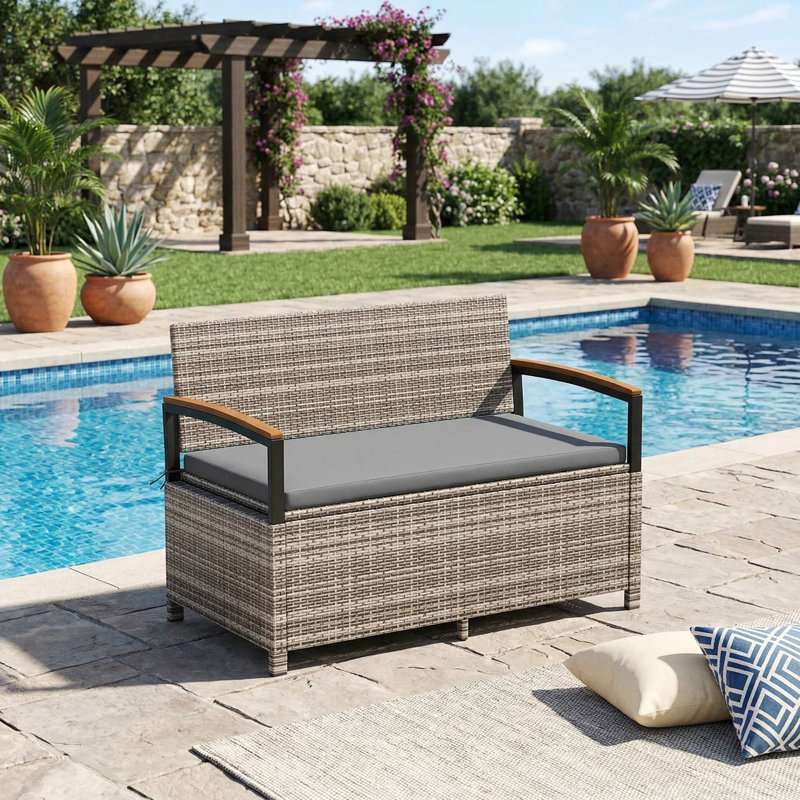 Banc de rangement extérieur imperméable toutes saisons, conception verrouillable et coussin de siège lavable épais et amovible, adapté pour la terrasse, le patio, la cour arrière