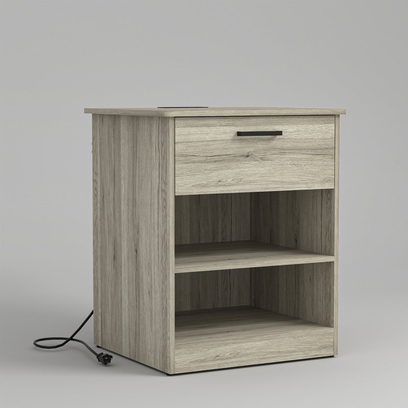 Table de chevet grise moderne avec station de charge - Table de chevet en bois à 1 tiroir avec prises USB-C et CA (rangement ouvert)