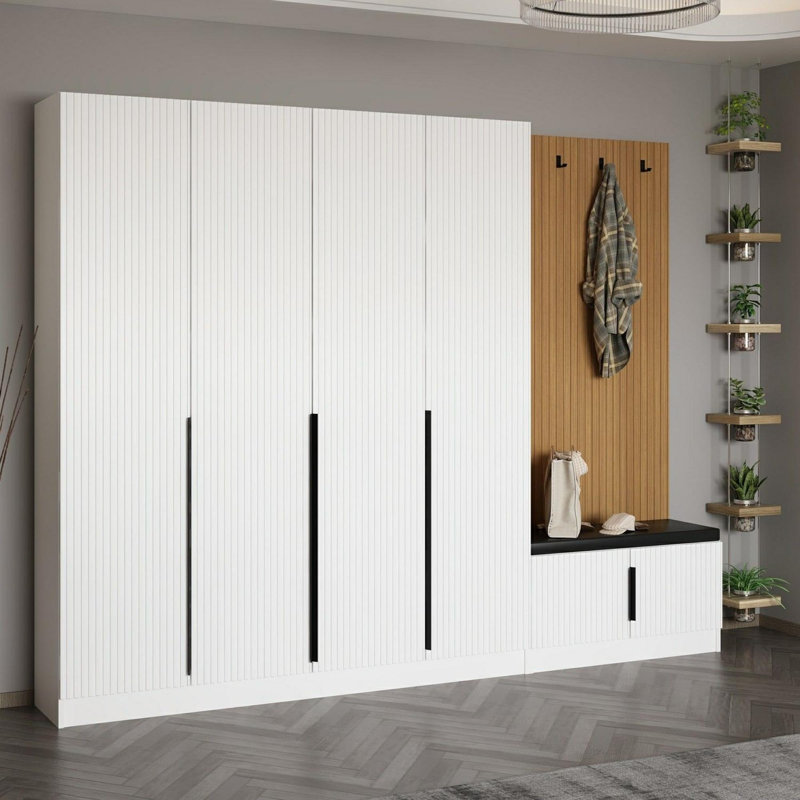 Support de couloir moderne, panneau de particules enduit de mélamine blanche, 106,3 x 82,7 x 13,8 pouces | 100% durable, design élégant | Parfait pour les vestibules et les espaces de vie, solution de rangement élégante pour votre maison
