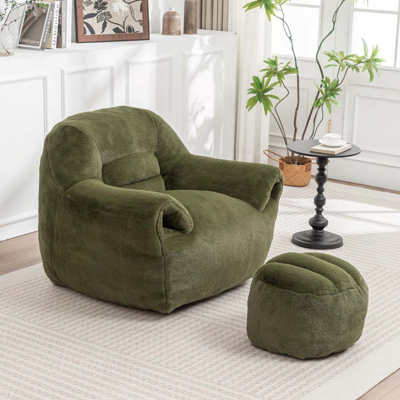 Faux Fur Bean Bag Chair With Ottoman, Green