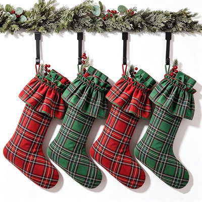 Ensemble de 4 bas de Noël à carreaux tartan rouge et vert, grands sacs cadeaux à suspendre pour la décoration du foyer de Noël