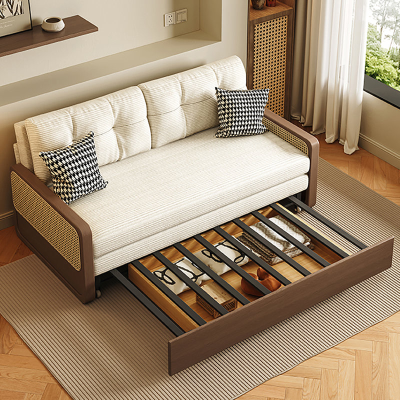 Beige Modern Minimalist Corduroy Sofa Bed with Cushions, 31.50" H x 63.78" W x 31.50" D
