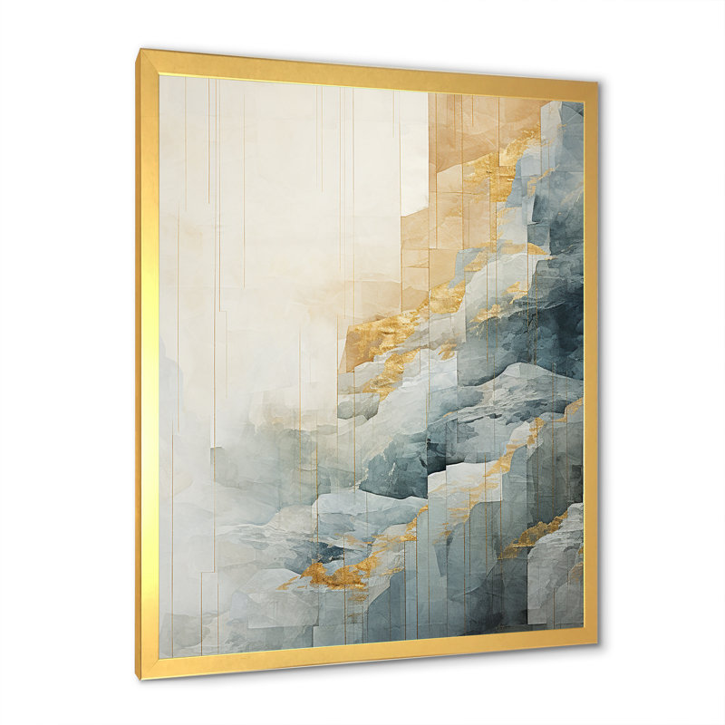 «Gold and Gray Waterfall Adventure Scene I», reproduction sur toile, Cadre doré simple, H 32 po x l 16 po x P 1 po