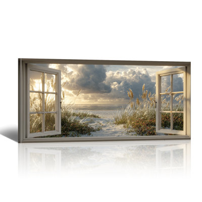 «Open Window Beach», art mural sur toile de grand paysage côtier, peintures de mer tropicale, œuvre de paysage marin horizontal pour le salon, la chambre à coucher