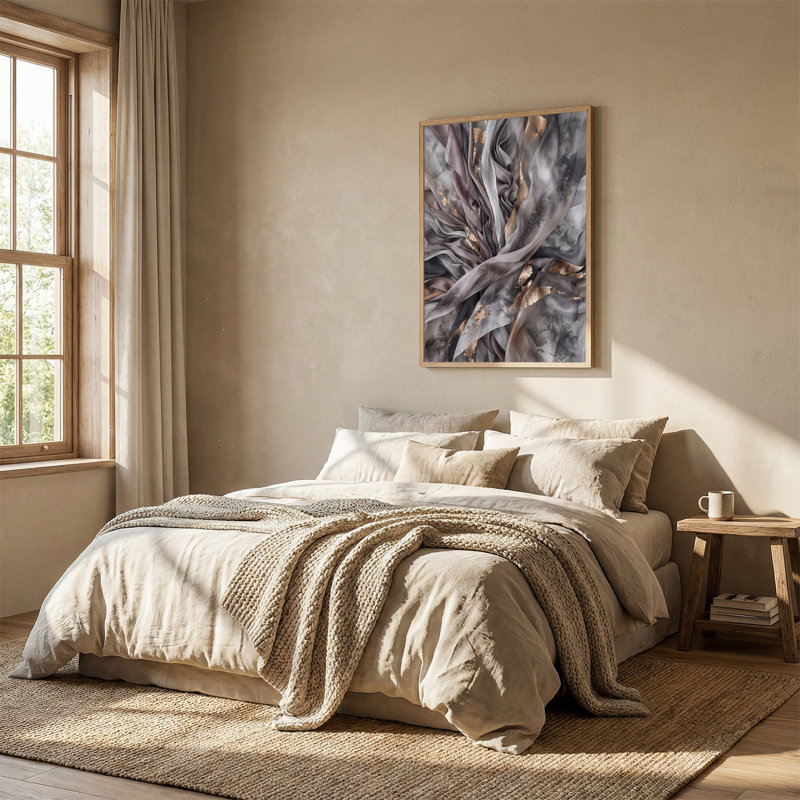 Toile tendue grise taupe avec détails de feuilles d'or, 24"H x 18"W
