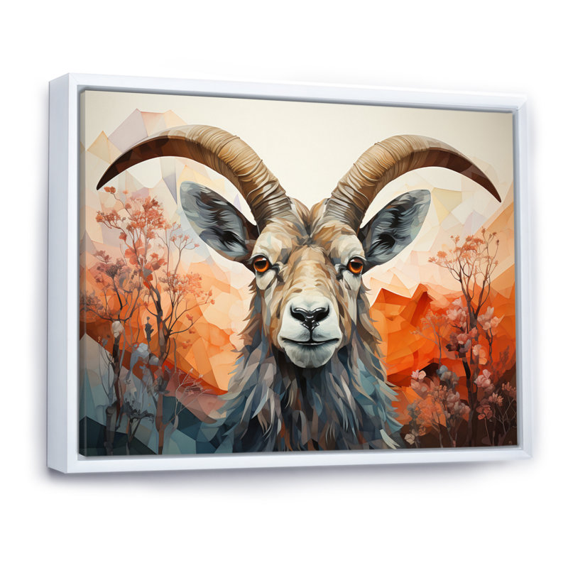 Goat Mountain Explorer géométrique - Chèvre, art mural, H 30 po x l 40 po x P 1,5 po, Cadre flottant blanc
