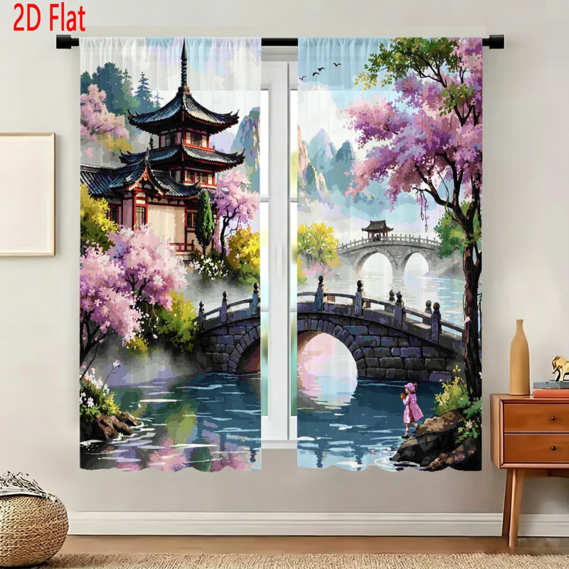2 Piece Window Curtains Set Featuring Traditional Asian Pagoda Architecture With Cherry Blossom Trees And Stone Bridge Scenery Artistic Landscape Drapery Panels For Living Room Bedroom Home Decor