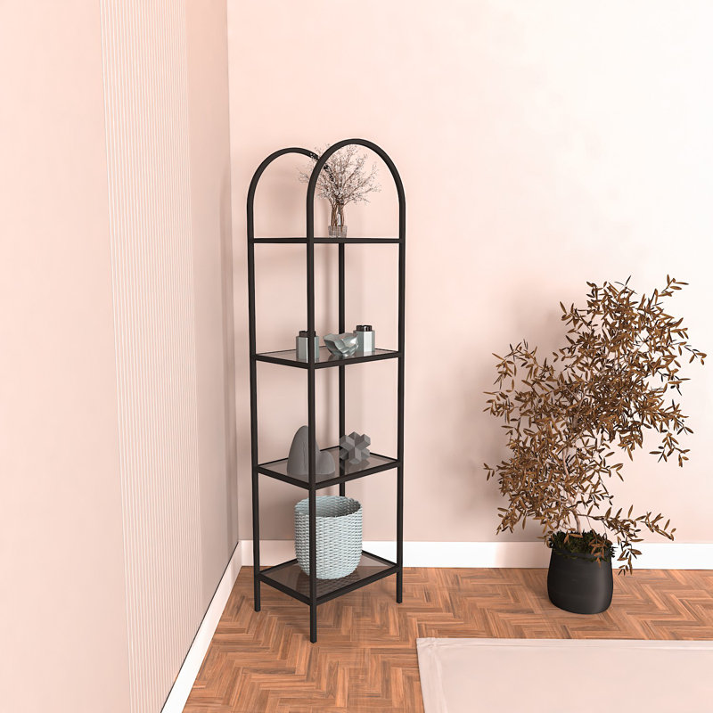 Modern Black Bookshelf with Tempered Glass Shelves, 31.5 x 59.8 x 11.8 inches | Durable Metal Legs (0.6 x 0.6 inches) | Sleek Design for Home or Office, Perfect for Stylish Storage and Display