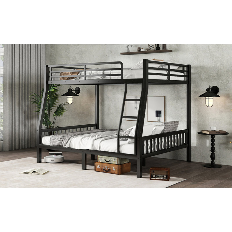 Metal Bunk Bed Full Xl Over Queen In Black - Safe And With Slats Wear-