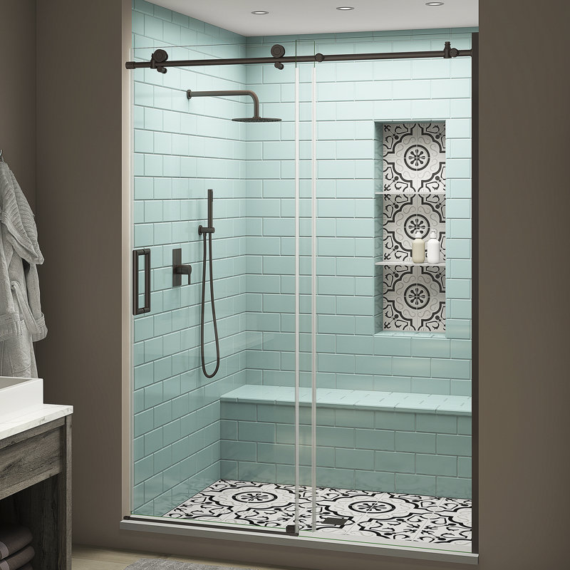 Coraline XL 56" W x 80" H Single Sliding Frameless Shower Door, Left Opening, Bronze
