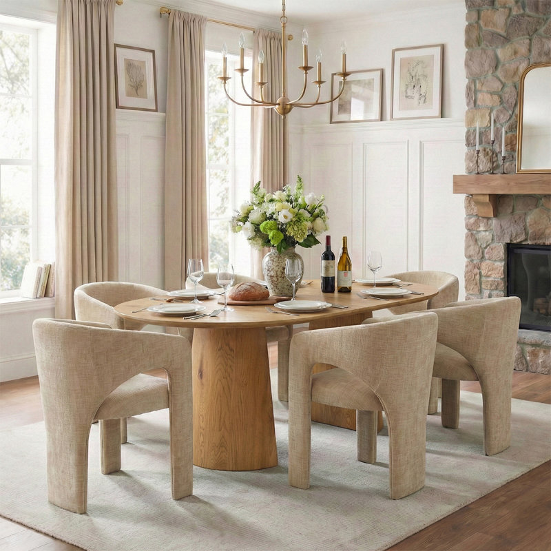 47"-83" Extendable Round To Oval Dining Table Set,Modern Pedestal Wood Dining Table With Upholstered Barrel Chairs, Brie 
