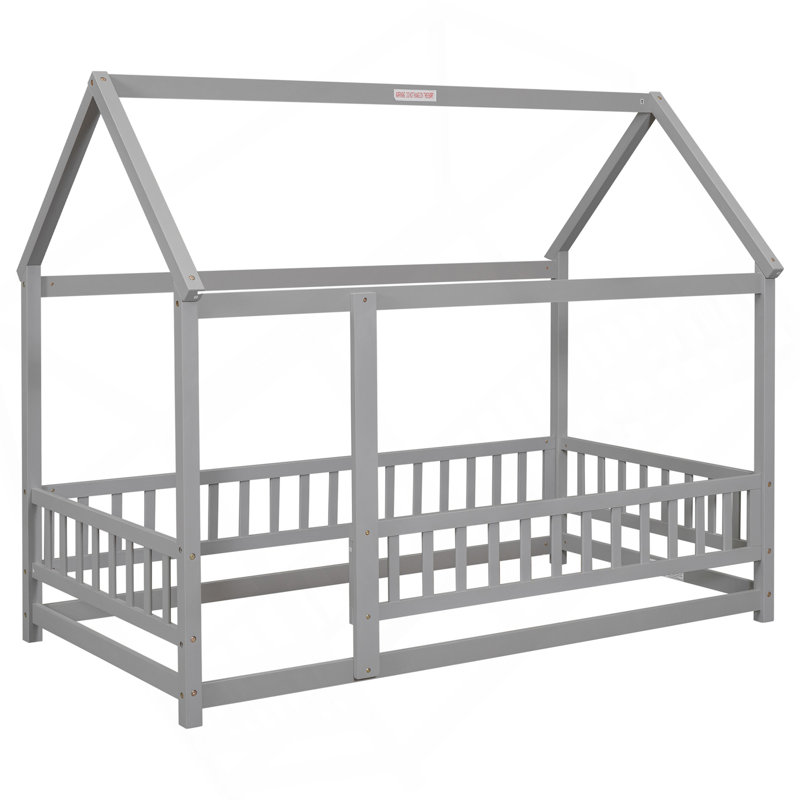 Lit simple en bois avec structure de toit de maison, garde-corps de clôture, gris, Lit simple