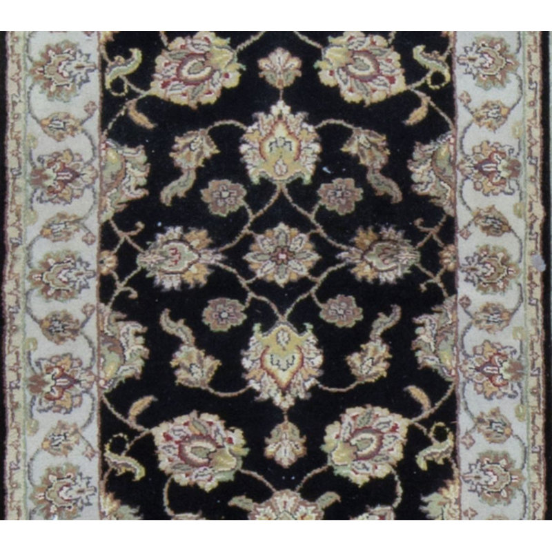 Hand-Knotted High-Quality Black and Cream Runner