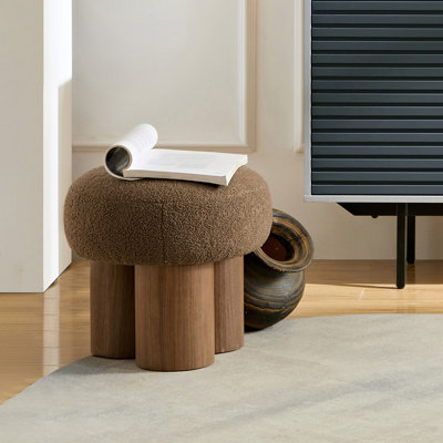 Tabouret champignon, siège en laine d'agneau brun, tuyau en PVC avec placage de noyer