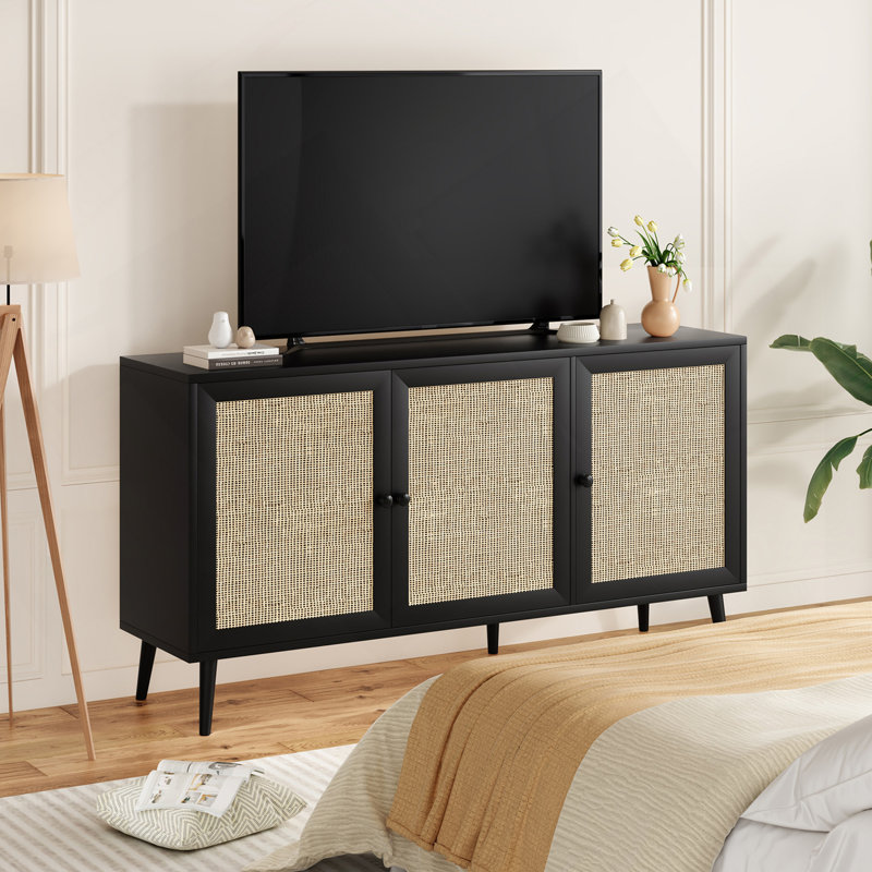 Sideboard Buffet Cabinet With 3 Rattan Doors,Modern Kitchen Storage Console Cabinet For Entryway Living Room (Large,Black)