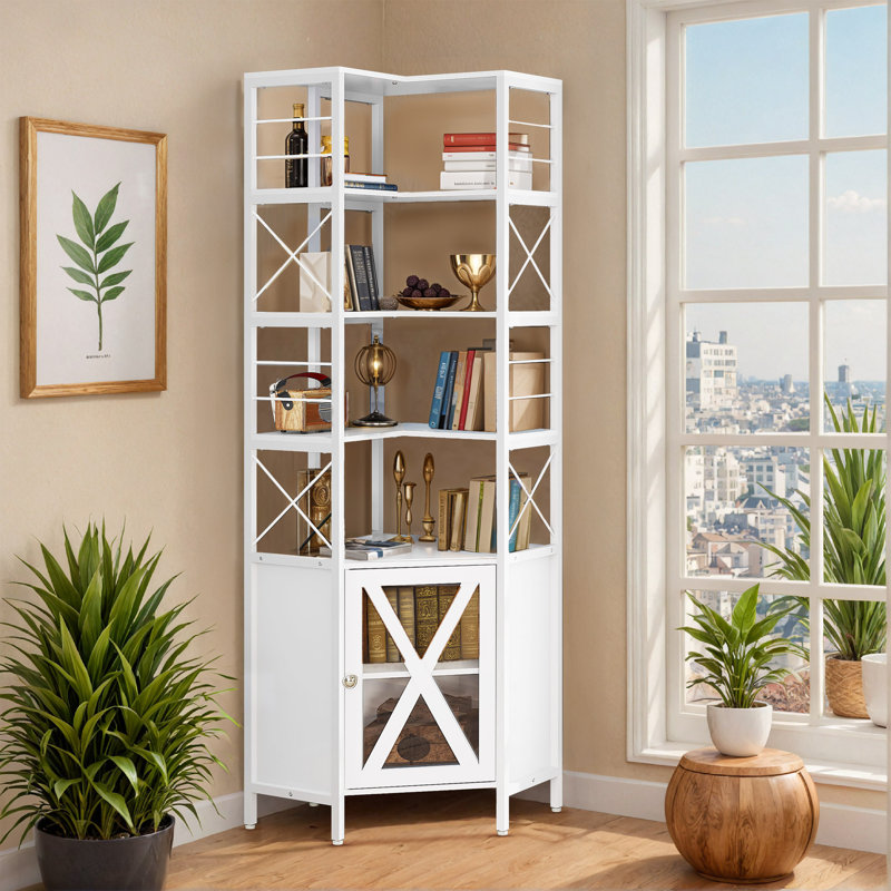 White 7-Tier Corner Bookshelf with Doors and Storage