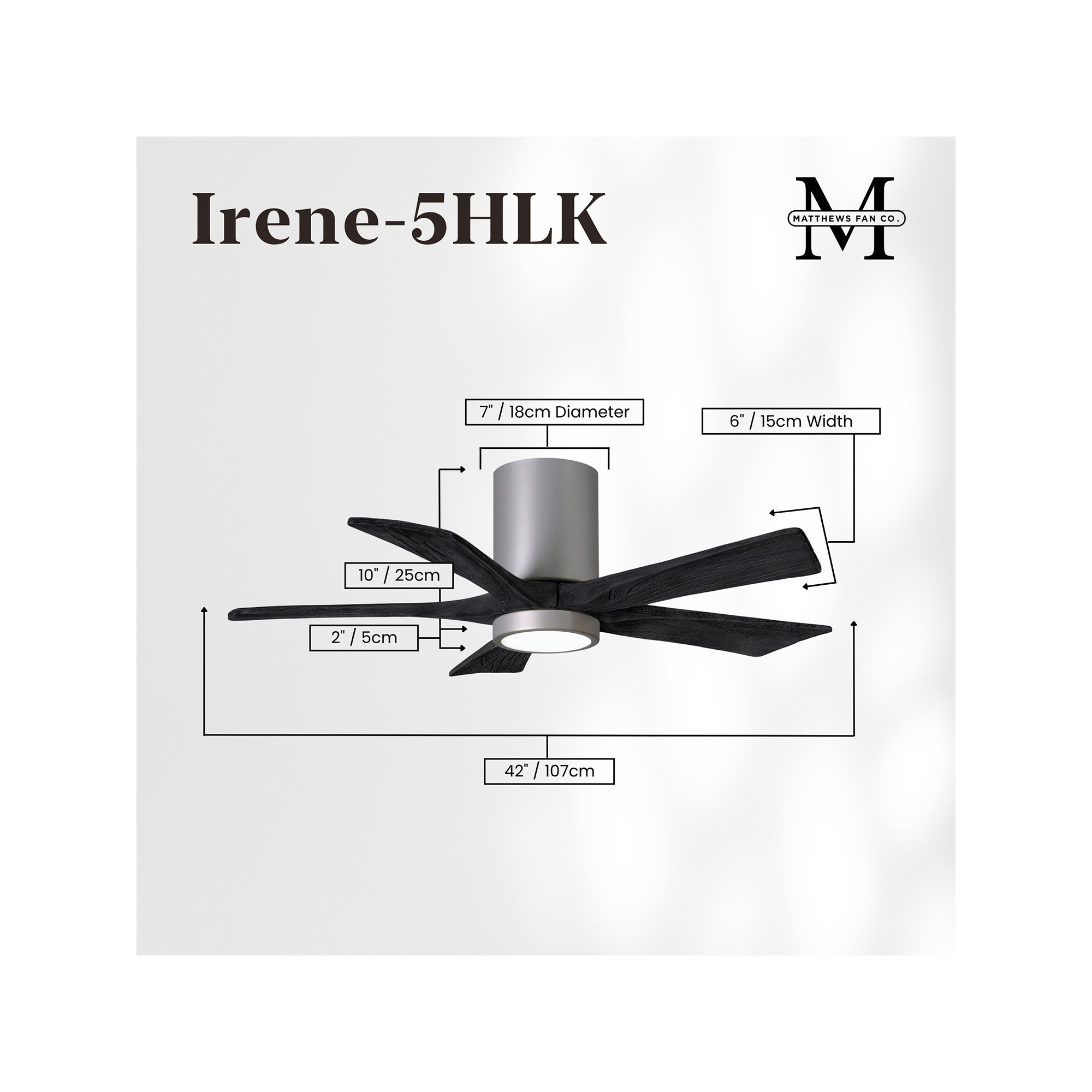 Irene 5 - Blade LED Ceiling Fan with Light Kit Included, Matte Black, 42", Brushed Nickel