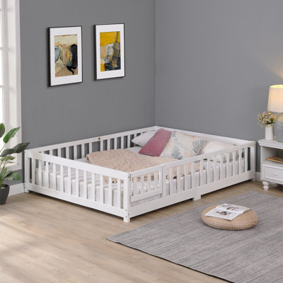 Full Size Floor Bed, With Door,Solid Wood Platform Bed Frame With Fence