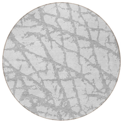 8' Silver And Gray Round Abstract Washable Indoor Outdoor Area Rug