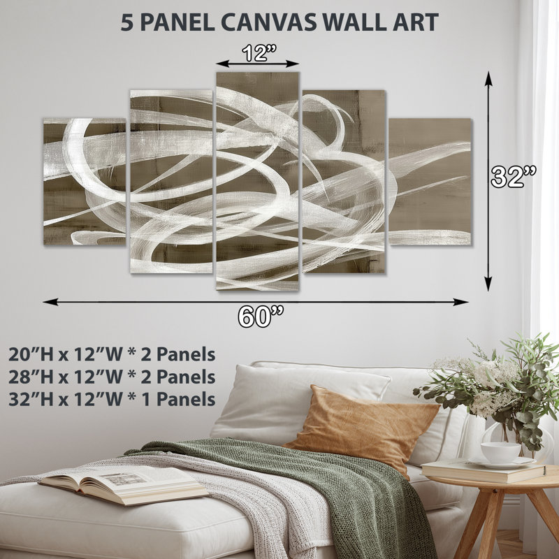 «White Grey Abstract Modern Brush Swirl - Formes abstraites, impressions sur toile, ensemble d'art mural blanc sur toile de 5