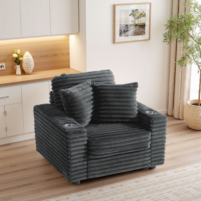 Ermia 96Cm Wide Cotton Flannel Armchair with Two Cup Holders, Dark Grey