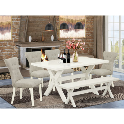 Ensemble de table de salle à manger 6 pièces comprenant une table de cuisine rectangulaire avec pieds en X et 4 chaises Parson en tissu de lin avec un banc, multicolore