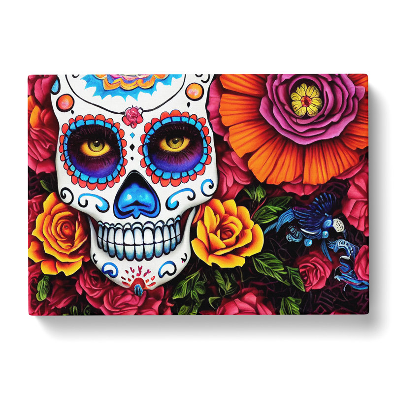 Shining Floral Sugar Skull - Wrapped Canvas, 35cm H x 50cm W x 3cm D