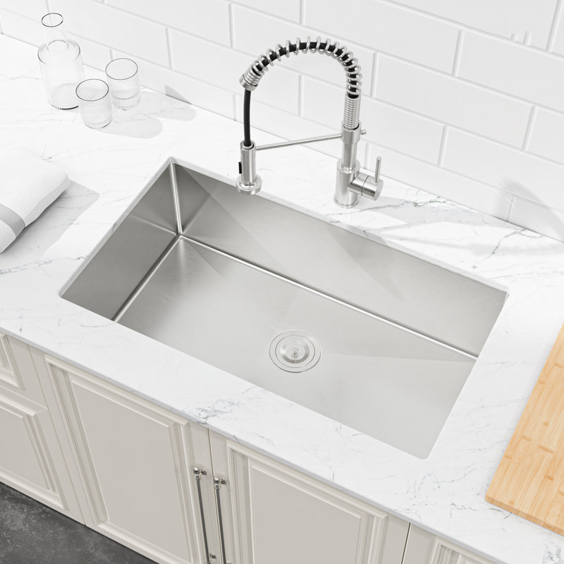 Évier de cuisine en acier inoxydable à simple cuve moderne avec drain, crépine, Brushed Nickel, 33" x 19" x 10"