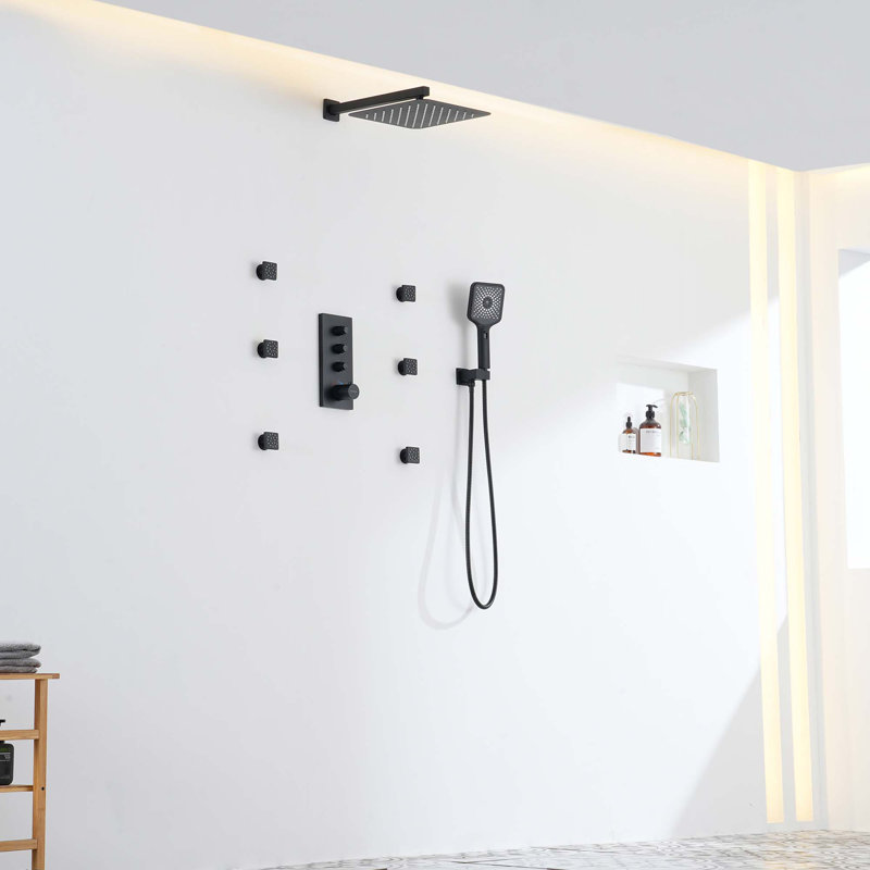 Système de douche thermostatique mural à 3 fonctions 12 po avec pomme de douche carrée, Noir
