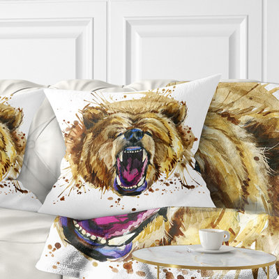 «Growling Grizzly Bear Aquarelle», coussin imprimé animal