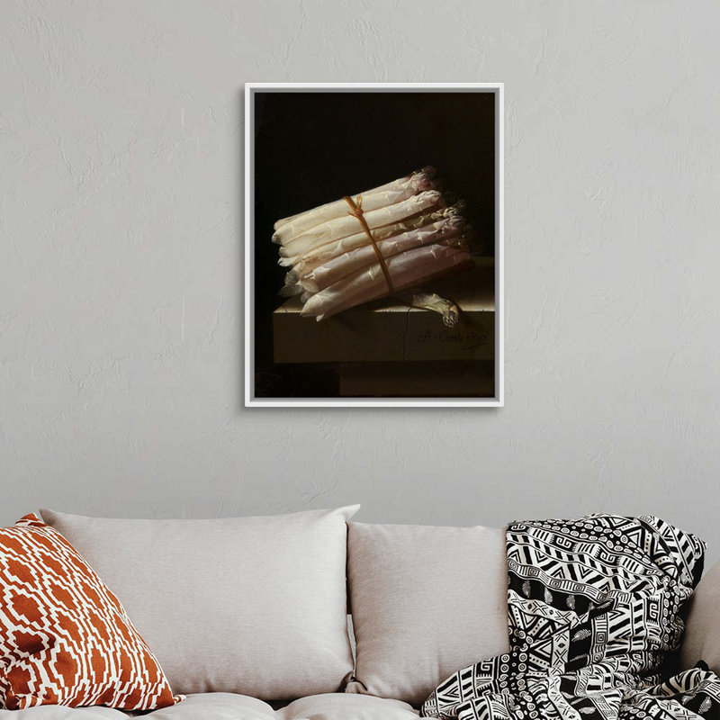 Reproduction d’art sur toile, "Still Life avec asperge" par Adrian Coorte, Cadre blanc, H 32 po x l 26 po x P 1,75 po