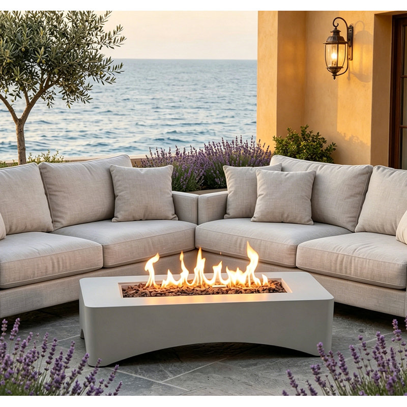 Weather Resistant Lightweight Concrete Propane Fire Table, Rounded Safe Edges, Built-in Handles, Includes Lava Rocks & Waterproof Cover for Patio Backyard