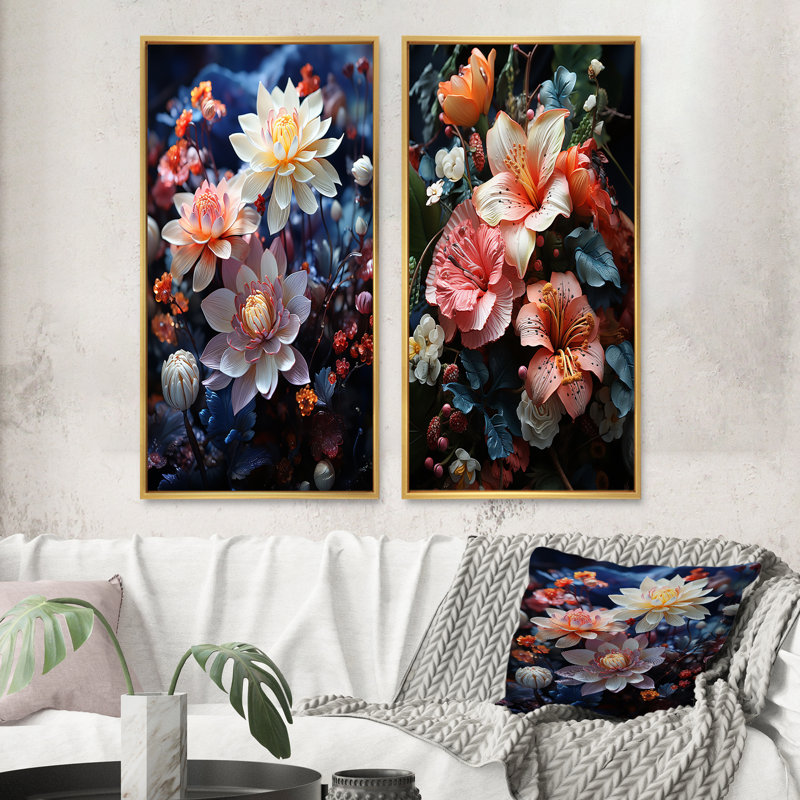 «Pink Blue Meadow Wildflower», 2 pièces sur toile, Encadrement doré, H 20 po x l 24 po