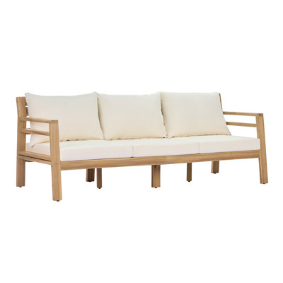 76" Wide Modern Japandi Acacia Wood 3-Seater Outdoor Sofa with Curved Backrest